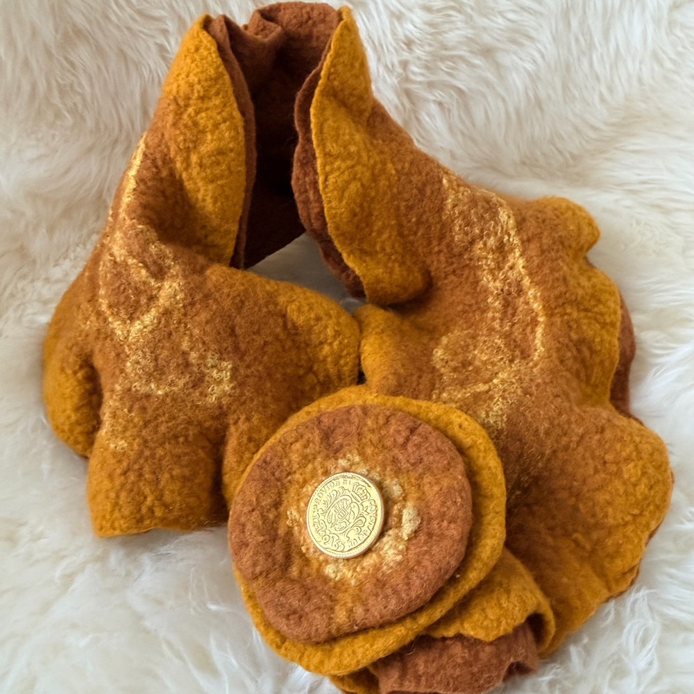 Handmade Felted Scarf with Flower Accent in Mustard & Rust
